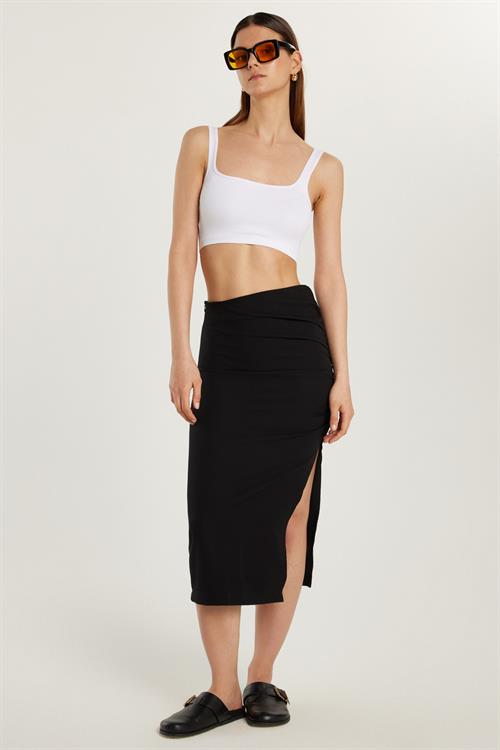 Kadın Slim Fit Dar Kesim Fermuarlı Yırtmaçlı Siyah Etek