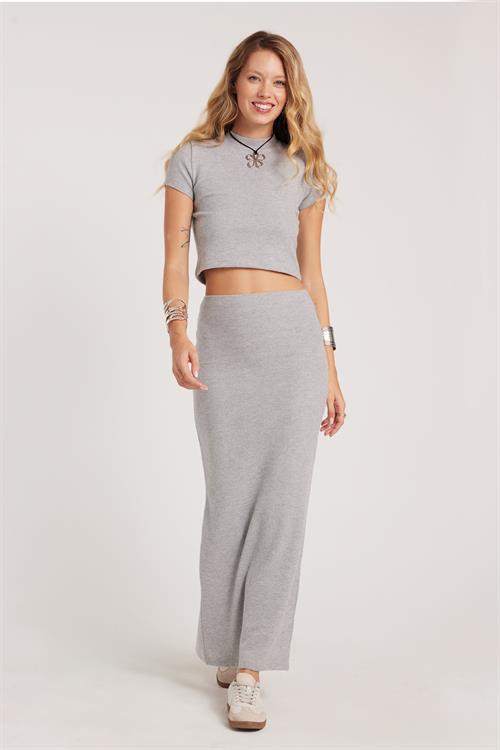Kadın Slim Fit Dar Kesim Yırtmaçlı Gri Etek