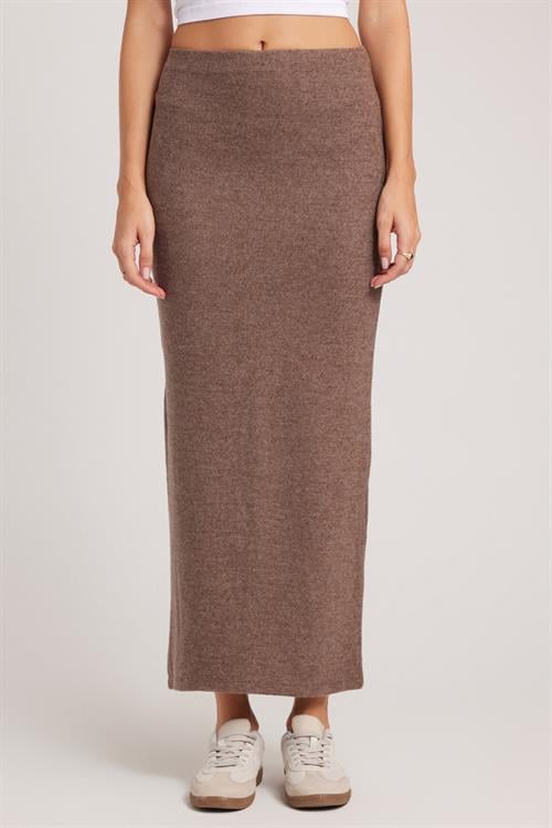 Kadın Slim Fit Dar Kesim Yırtmaçlı Kahverengi Etek