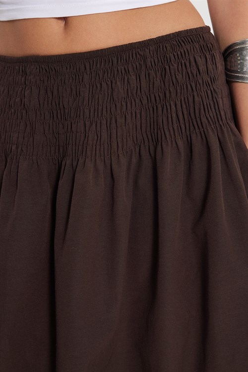 Kadın Slim Fit Dar Kesim Pamuklu Beli Lastikli Kahverengi Etek
