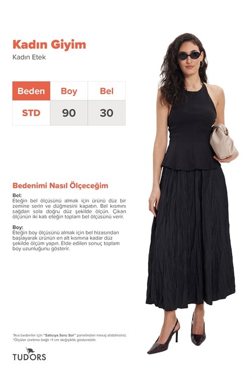 Kadın Rahat Kesim Beli Lastikli Midi Boy Siyah Bürümcük Etek