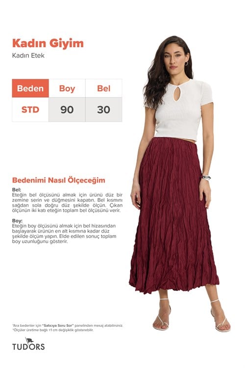 Kadın Rahat Kesim Beli Lastikli Midi Boy Bordo Bürümcük Etek
