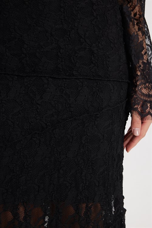 Kadın Slim Fit Dar Kesim Lastikli Yüksek Bel Dantelli Siyah Etek 
