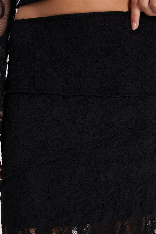 Kadın Slim Fit Dar Kesim Lastikli Yüksek Bel Dantelli Siyah Etek 