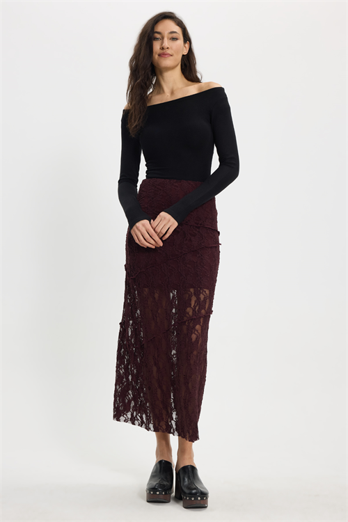 Kadın Slim Fit Dar Kesim Lastikli Yüksek Bel Dantelli Kahverengi Etek 