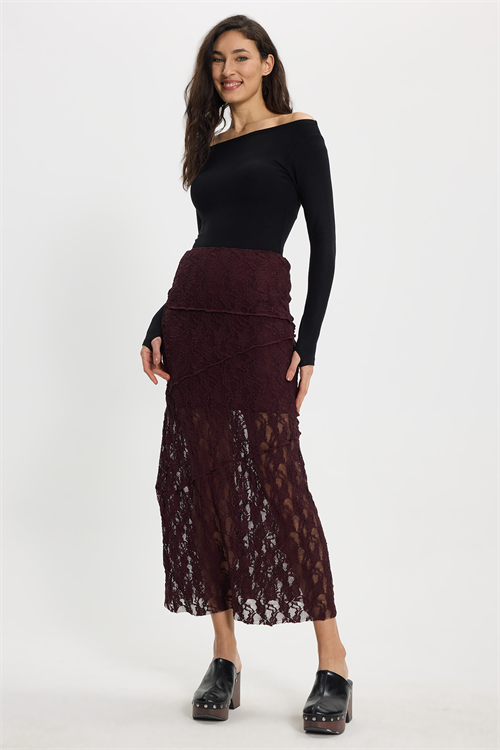 Kadın Slim Fit Dar Kesim Lastikli Yüksek Bel Dantelli Kahverengi Etek 