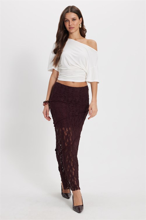 Kadın Slim Fit Dar Kesim Lastikli Yüksek Bel Dantelli Bordo Etek 