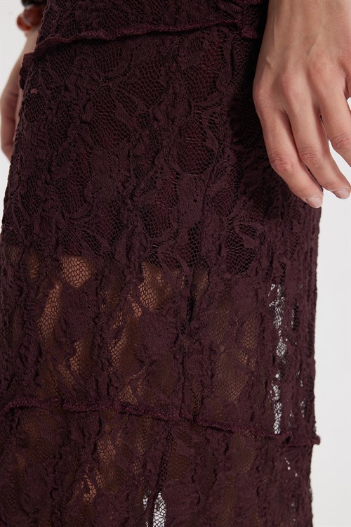 Kadın Slim Fit Dar Kesim Lastikli Yüksek Bel Dantelli Bordo Etek 