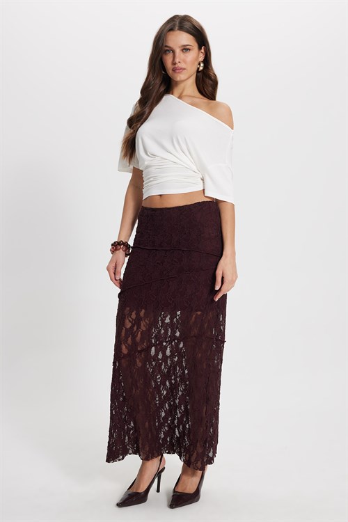 Kadın Slim Fit Dar Kesim Lastikli Yüksek Bel Dantelli Bordo Etek 