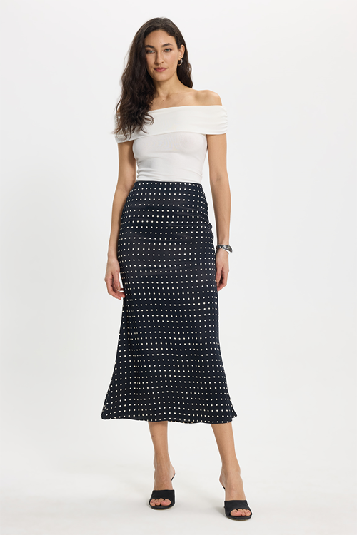 Kadın Slim Fit Dar Kesim Yüksek Bel Midi Boy Viskon Puantiyeli Siyah Etek