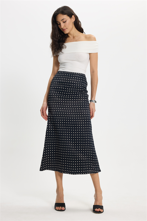 Kadın Slim Fit Dar Kesim Yüksek Bel Midi Boy Viskon Puantiyeli Siyah Etek