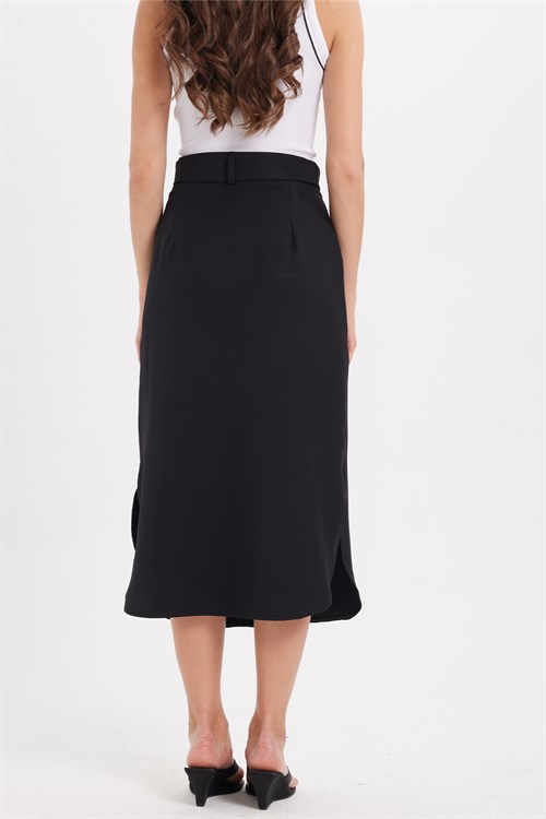 Kadın Slim Fit Dar Kesim Pileli Pamuklu Ön Düğme Kapamalı Kuşaklı Yırtmaçlı Siyah Etek 