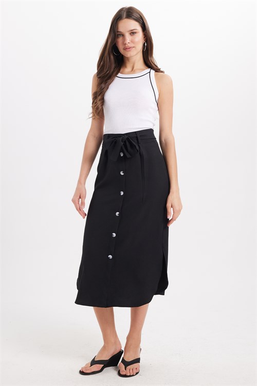 Kadın Slim Fit Dar Kesim Pileli Pamuklu Ön Düğme Kapamalı Kuşaklı Yırtmaçlı Siyah Etek 