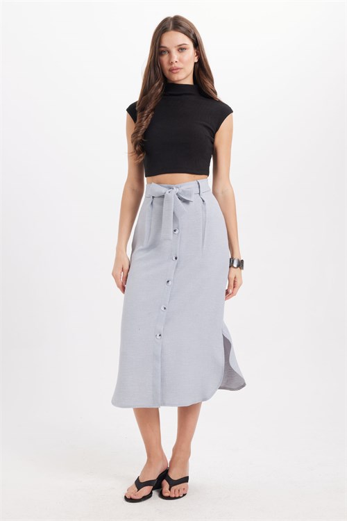 Kadın Slim Fit Dar Kesim Pileli Pamuklu Ön Düğme Kapamalı Kuşaklı Yırtmaçlı Gri Etek 
