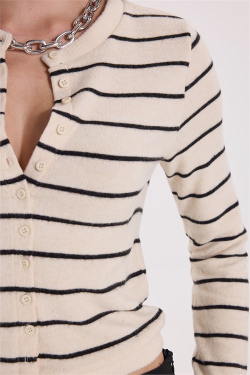 Kadın Slim Fit Dar Kesim Bisiklet Yaka Düğmeli Likralı Ekru Siyah Çizgili Triko Hırka