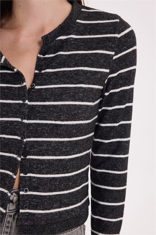 Kadın Slim Fit Dar Kesim Bisiklet Yaka Düğmeli Likralı Antrasit Beyaz Çizgili Triko Hırka