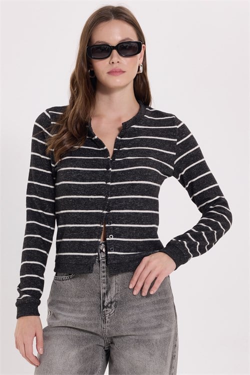 Kadın Slim Fit Dar Kesim Bisiklet Yaka Düğmeli Likralı Antrasit Beyaz Çizgili Triko Hırka