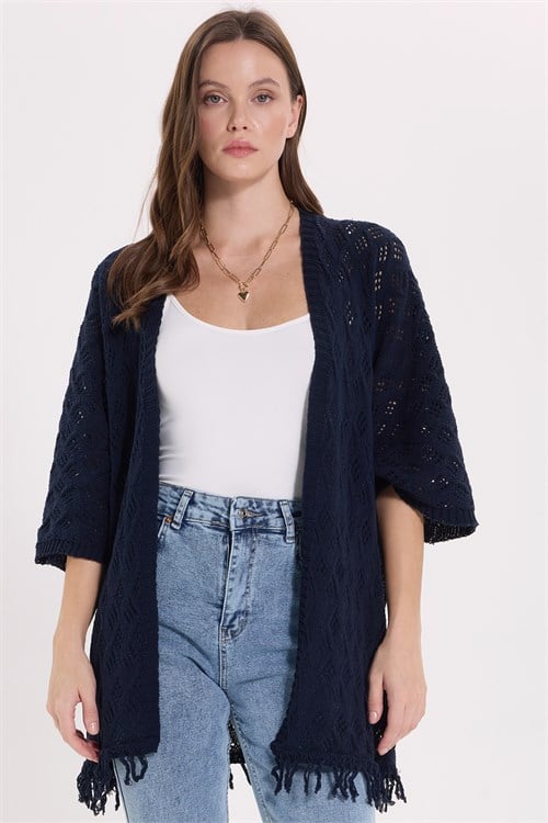 Kadın Regular Fit Klasik Kesim Truvakar Kol Eteği Püsküllü Örgü Salaş Lacivert Kimono Triko Hırka