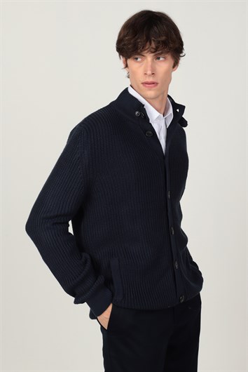 Erkek Slim Fit Çizgili Yandan Cepli Lacivert Hırka