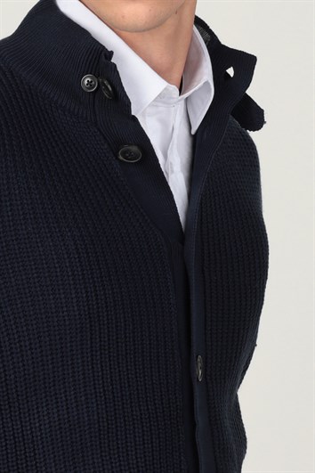 Erkek Slim Fit Çizgili Yandan Cepli Lacivert Hırka