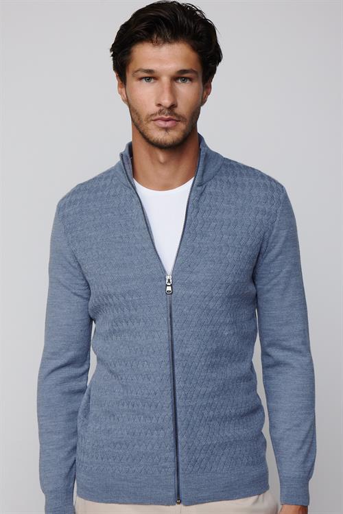 Slim Fit Desenli Dik Yaka Fermuarlı İndigo Erkek Hırka