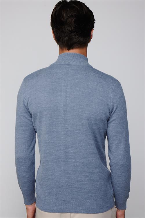 Slim Fit Desenli Dik Yaka Fermuarlı İndigo Erkek Hırka