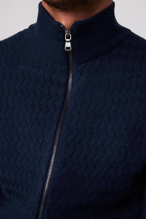 Slim Fit Desenli Dik Yaka Fermuarlı Lacivert Erkek Hırka