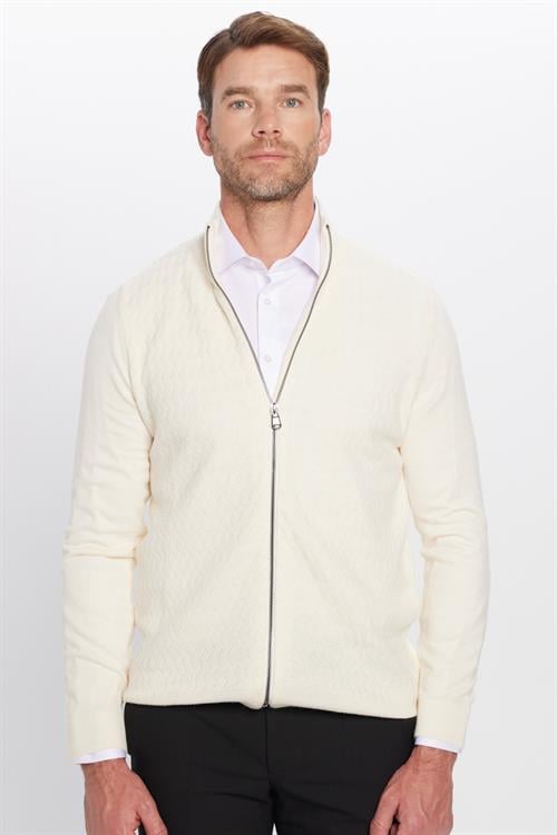 Erkek Slim Fit Desenli Dik Yaka Fermuarlı Ekru Hırka