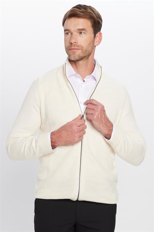 Erkek Slim Fit Desenli Dik Yaka Fermuarlı Ekru Hırka