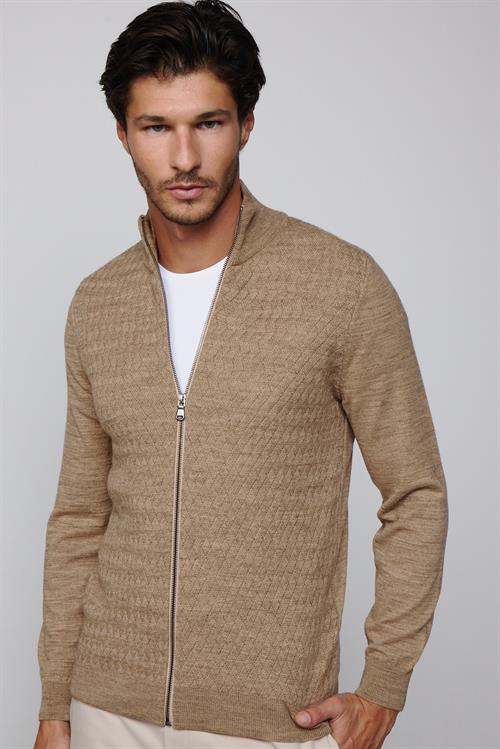 Slim Fit Desenli Dik Yaka Fermuarlı Krem Erkek Hırka