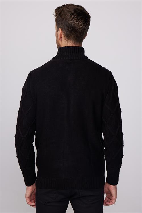 Erkek Slim Fit Desenli Dik Yaka Fermuarlı Siyah Hırka