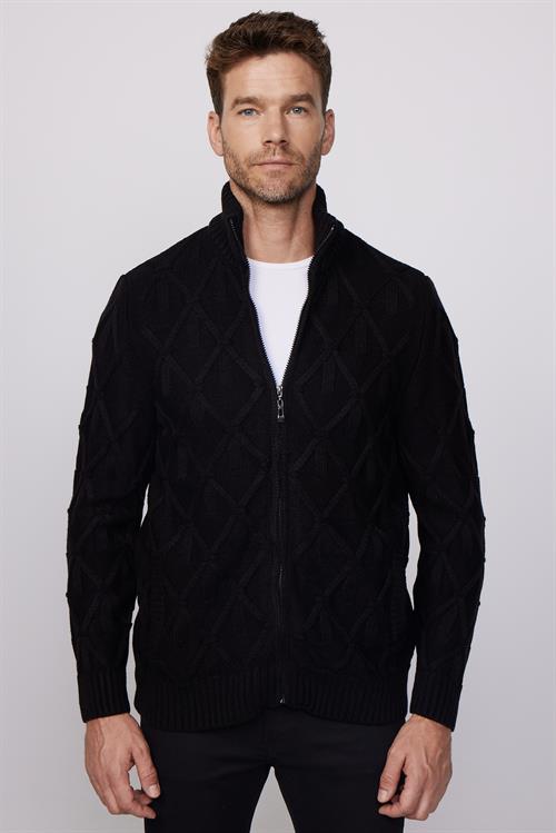 Erkek Slim Fit Desenli Dik Yaka Fermuarlı Siyah Hırka