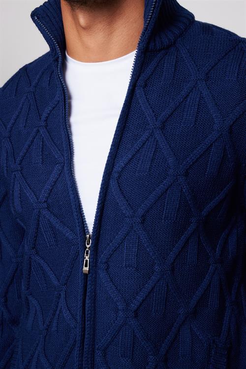 Erkek Slim Fit Desenli Dik Yaka Fermuarlı Sax Mavi Hırka