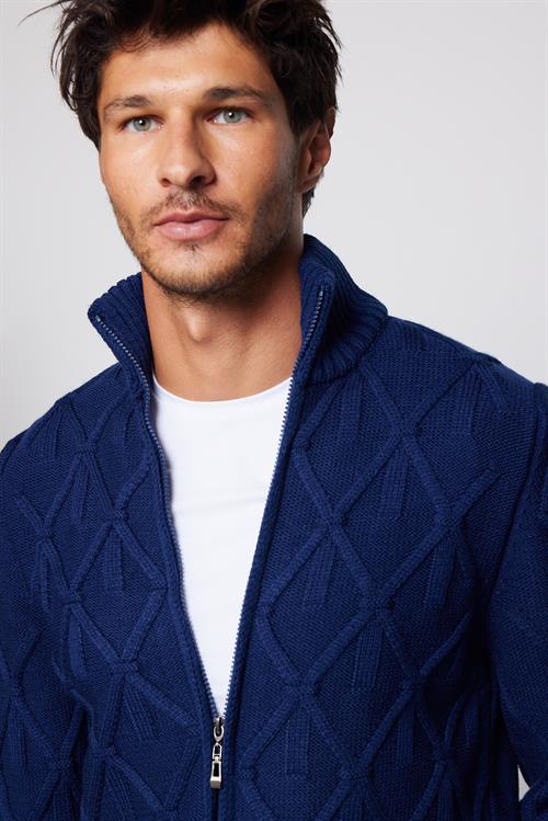 Erkek Slim Fit Desenli Dik Yaka Fermuarlı Sax Mavi Hırka