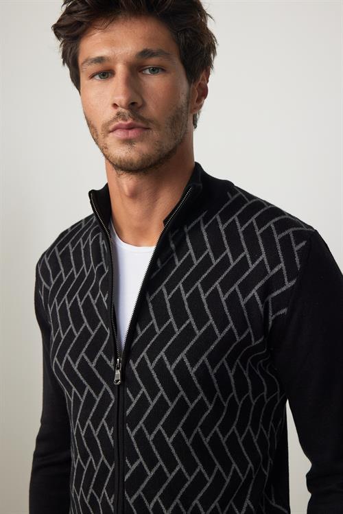 Erkek Slim Fit Dar Kesim Yarım Balıkçı Yaka Fermuarlı Önü Desenli Hırka
