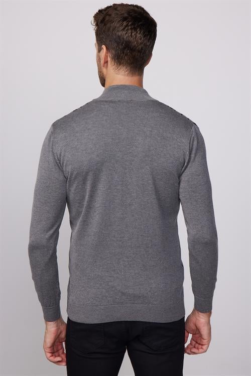 Erkek Slim Fit Dar Kesim Yarım Balıkçı Yaka Fermuarlı Önü Desenli Gri-Siyah Hırka