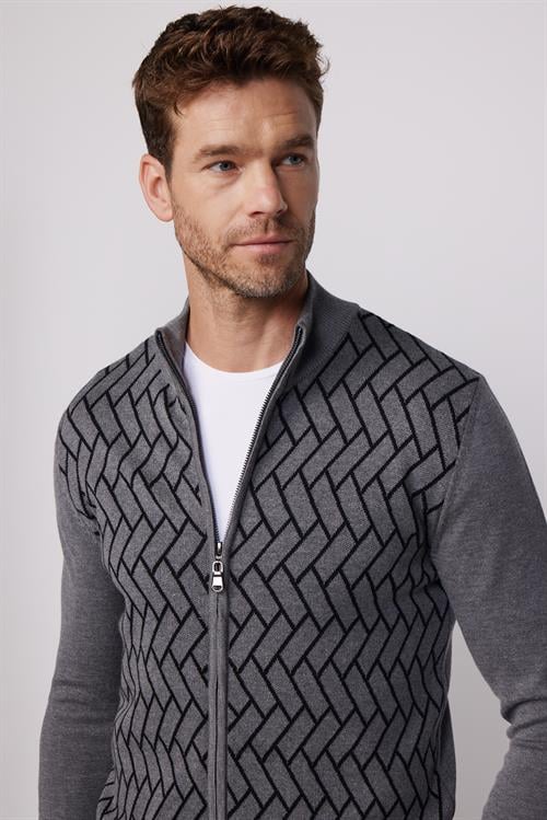 Erkek Slim Fit Dar Kesim Yarım Balıkçı Yaka Fermuarlı Önü Desenli Gri-Siyah Hırka
