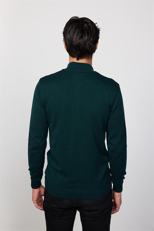 Slim Fit Dar Kesim Yarım Balıkçı Yaka Fermuarlı Önü Desenli Yeşil Erkek Hırka