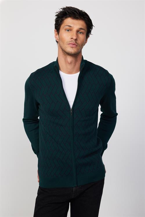 Slim Fit Dar Kesim Yarım Balıkçı Yaka Fermuarlı Önü Desenli Yeşil Erkek Hırka