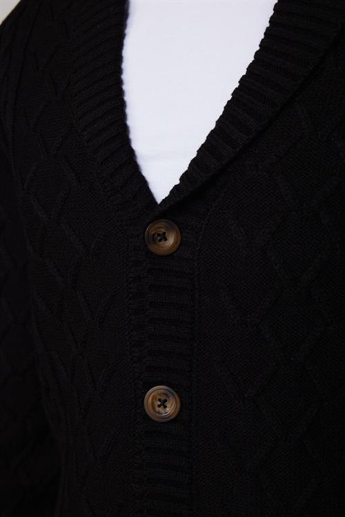 Slim Fit Dar Kesim Desenli Yumuşak Dokulu Düğmeli Siyah Erkek Hırka