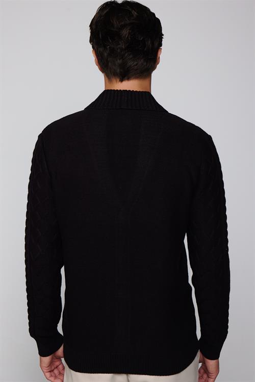 Slim Fit Dar Kesim Desenli Yumuşak Dokulu Düğmeli Siyah Erkek Hırka
