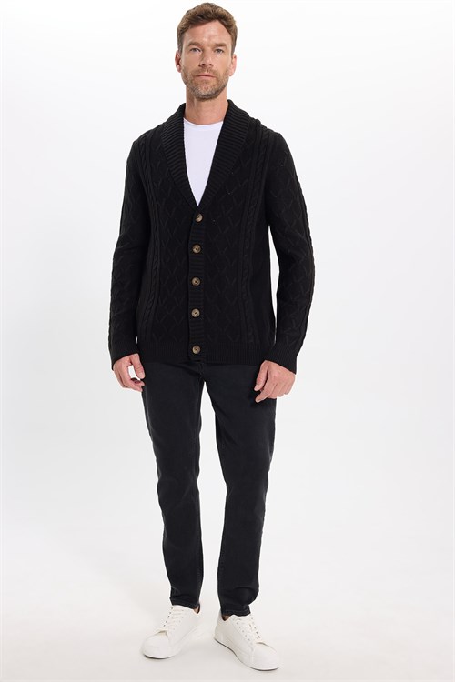 Slim Fit Dar Kesim Desenli Yumuşak Dokulu Düğmeli Siyah Erkek Hırka