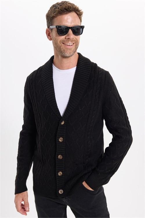 Slim Fit Dar Kesim Desenli Yumuşak Dokulu Düğmeli Siyah Erkek Hırka