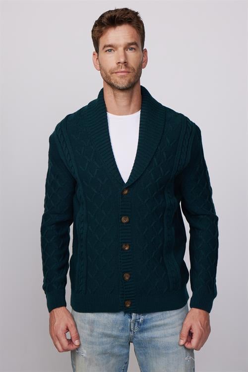 Erkek Slim Fit Dar Kesim Desenli Yumuşak Dokulu Düğmeli Yeşil Hırka
