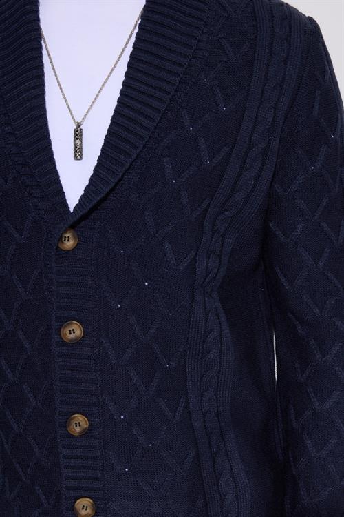 Slim Fit Dar Kesim Desenli Yumuşak Dokulu Düğmeli Lacivert Erkek Hırka