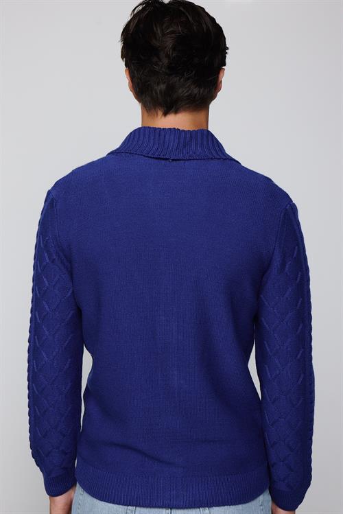 Slim Fit Dar Kesim Desenli Yumuşak Dokulu Düğmeli Sax Mavi Erkek Hırka