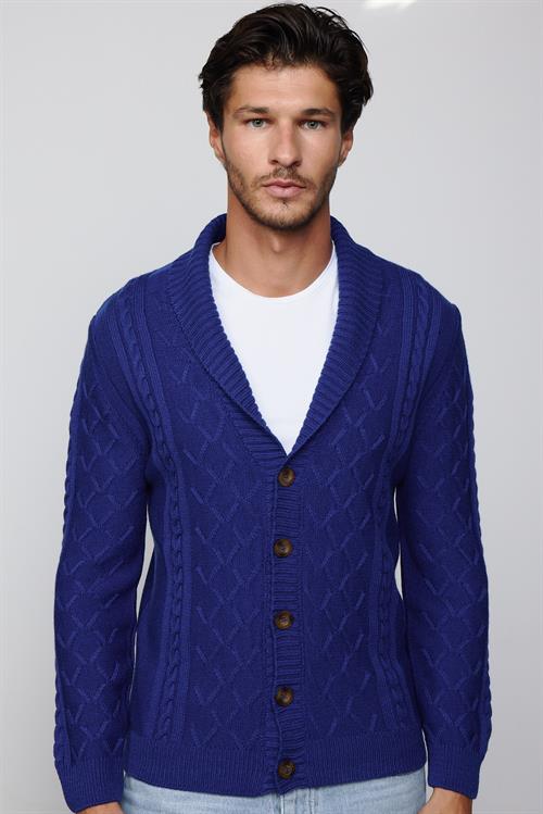 Slim Fit Dar Kesim Desenli Yumuşak Dokulu Düğmeli Sax Mavi Erkek Hırka
