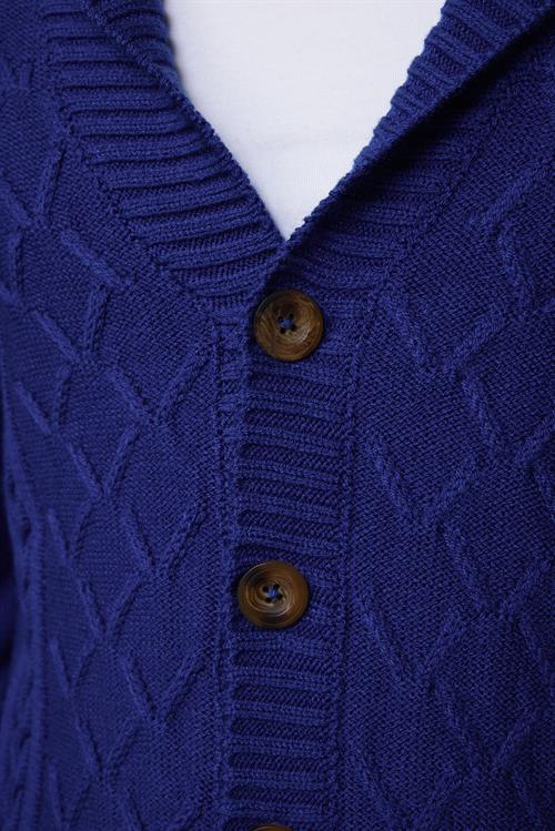 Slim Fit Dar Kesim Desenli Yumuşak Dokulu Düğmeli Sax Mavi Erkek Hırka