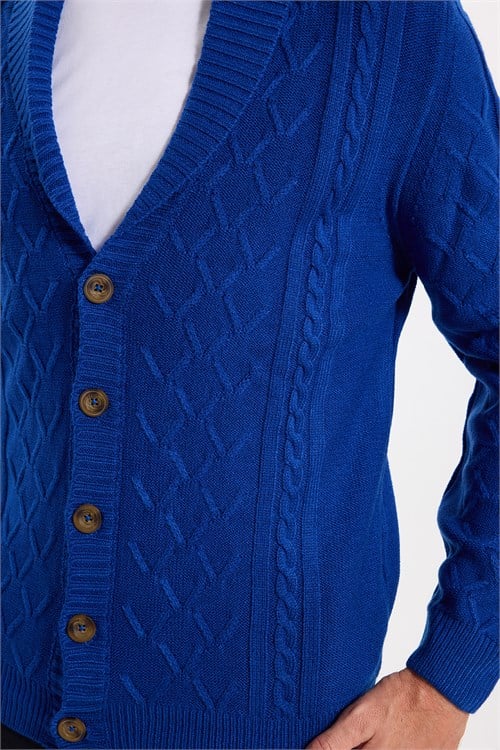 Slim Fit Dar Kesim Desenli Yumuşak Dokulu Düğmeli Sax Mavi Erkek Hırka