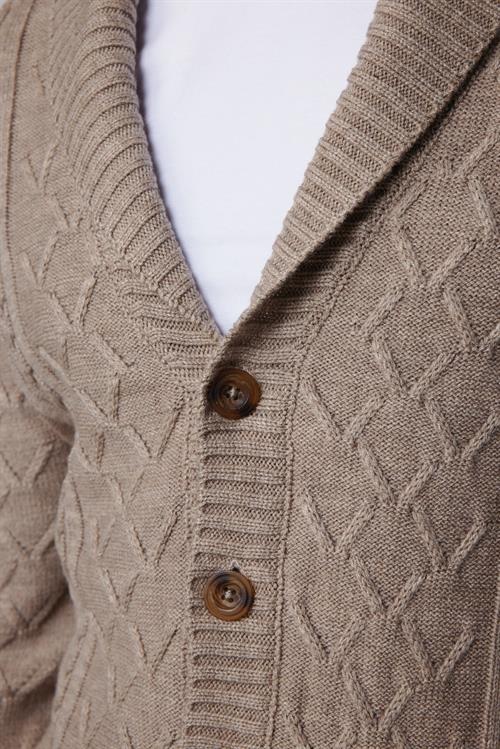 Slim Fit Dar Kesim Desenli Yumuşak Dokulu Düğmeli Kahverengi Erkek Hırka